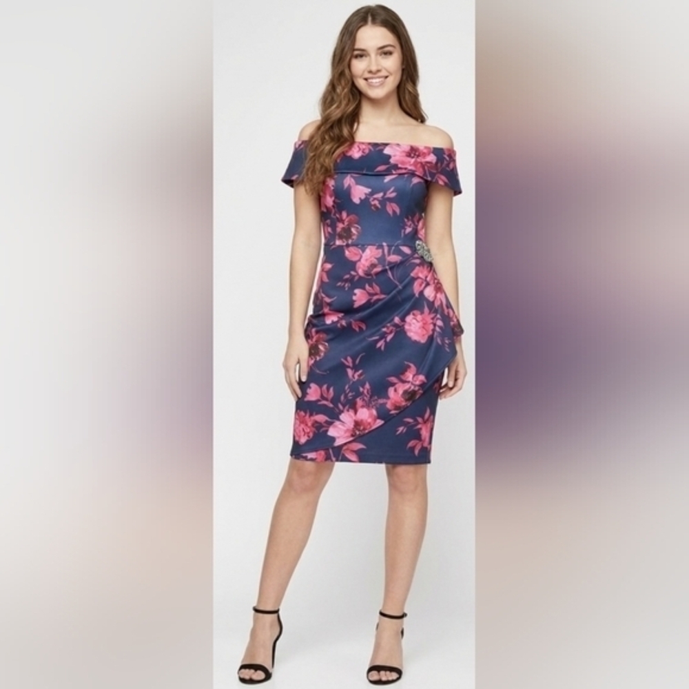 Alex Evenings Floral Off Shoulder Side Ruched Dress Size 8 NWOT